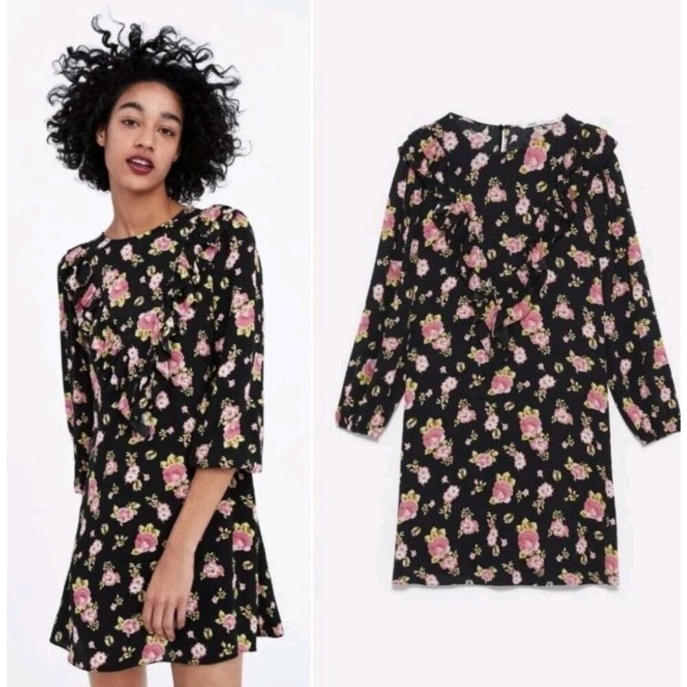 ZARA The Sandy Chiffon Shift Dress Floral Size Small Mini Ruffled Black Pink